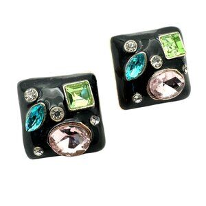 Womens Earrings Blue Pink Green Rhinestone Black Enamel Earrings Pierced